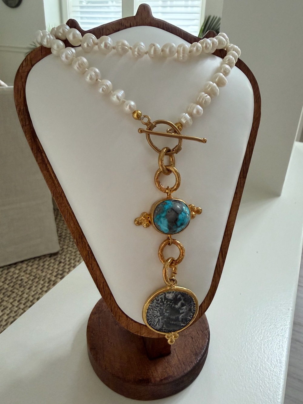 NWOT ~ Fresh Water Pearls, Turkish 24k Gold Plated with Real Turquoise & Coin